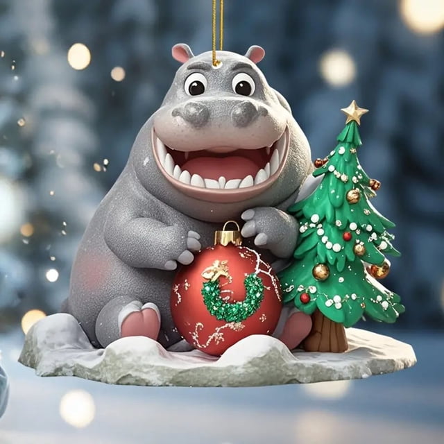 XWSHYW Adornos Colgantes Colgante de Coche Plano, Bonito Hipopótamo Navideño, Adorno Festivo, Decoración Acrílica para El Hogar