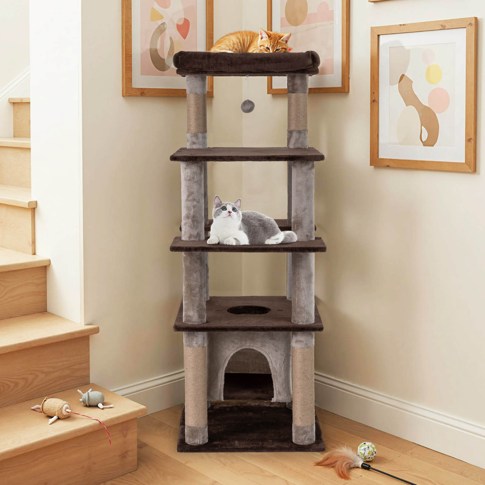 Costway Large Multi-level Cat Tree 58" Tall Cat Tower with Swaying Aerial Condo Perch Bed Brown