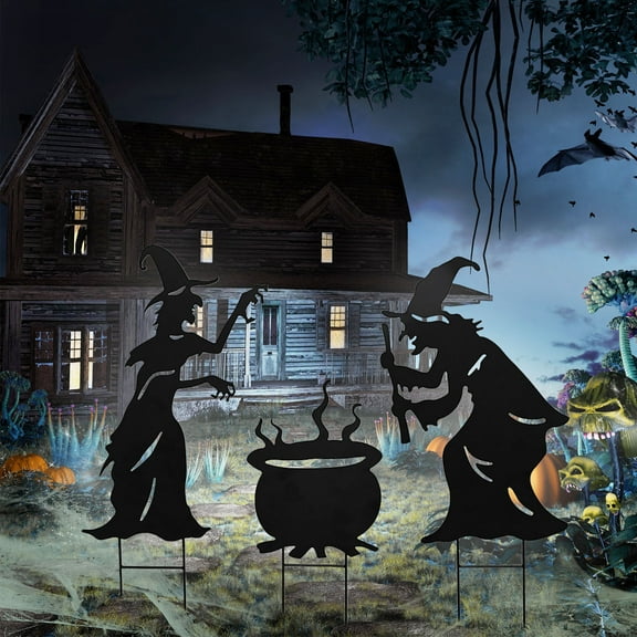 Halloween Witch Stakes with Cauldron 3Pcs Metal Halloween Yard Stakes for Spooky Garden Decorations