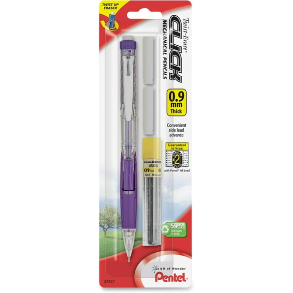 Pentel Twist-Erase Click Mechanical Pencil (0.9mm) Clear Barrel, 1 Pack with Lead and 2 Erasers