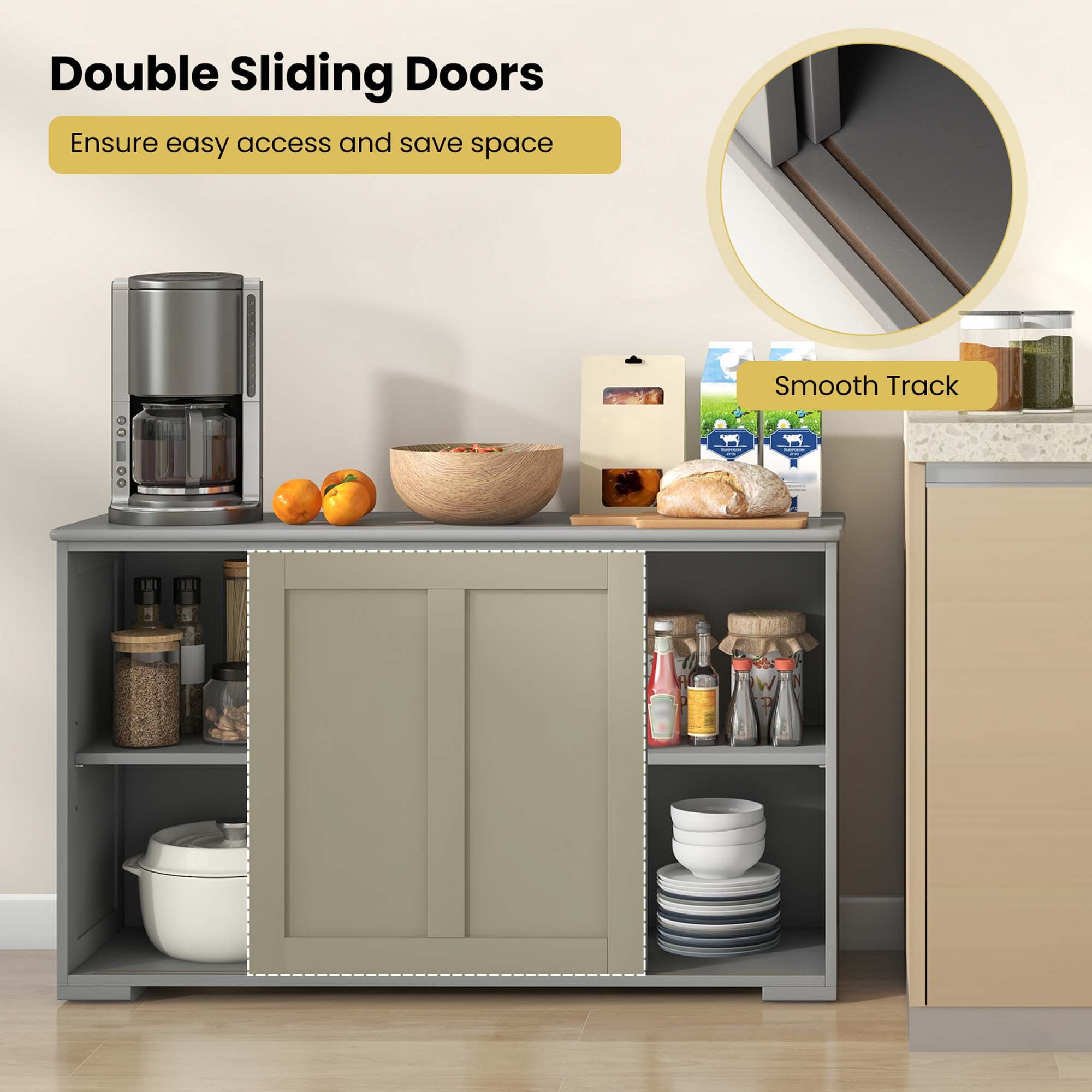 Costway Kitchen Storage Cabinet Sideboard Buffet Cupboard Wood Sliding Door Pantry Gray
