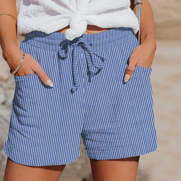 MKLEKYY Pantalones Cortos Deportivos para Mujer, Moda Femenina, Primavera y Verano, A Rayas, con Cordón, Bolsillos Laterales, Pantalones Cortos Casuales
