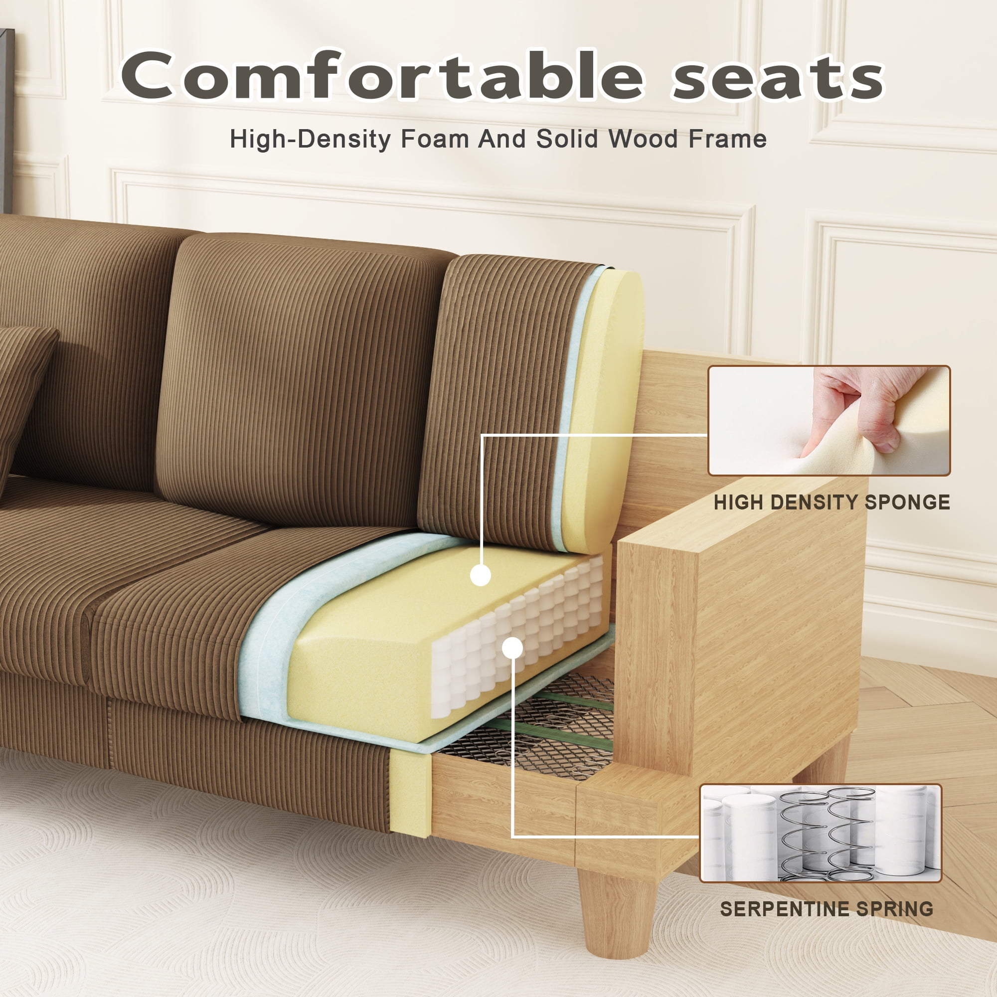 AAQZ 87" Corduroy Sofa Couch for Living Room, 3 Seater Deep Seat Comfy Couch in a Box, 2 Cushions, 2 Pillows Tool-Free Setup,Brown
