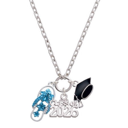 Delight Jewelry Silver-tone Blue Open Plumeria Flower Flip Flop - Class of 2026 Graduation Zoey Charm Necklace, 28"