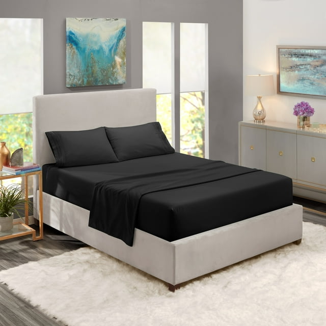 RV/Short Queen Size Bed Sheets Set Black, Luxury Bedding Sheets Set, 4-Piece Bed Set, Deep Pockets Fitted Sheet, 100% Soft Microfiber, Hypoallergenic, Cool & Breathable, by Clara Clark