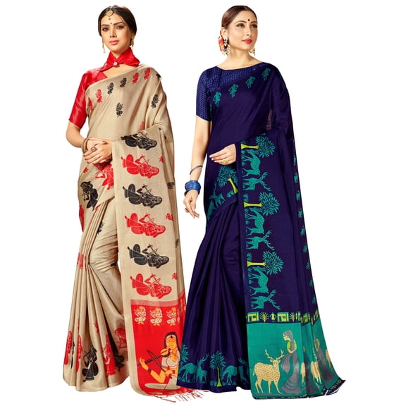Pack of Two Sarees for Women Mysore Art Silk Printed Sarees Combo Set | Indian Ethnic Wedding Diwali Gift Sari