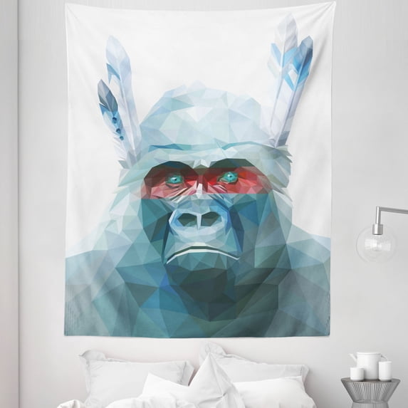 Psychedelic Tapestry, Gorilla with Feathers Digital Triangle Geometric Style Monkey Theme Print, Fabric Wall Hanging Decor for Bedroom Living Room Dorm, 5 Sizes, Blue, by Ambesonne