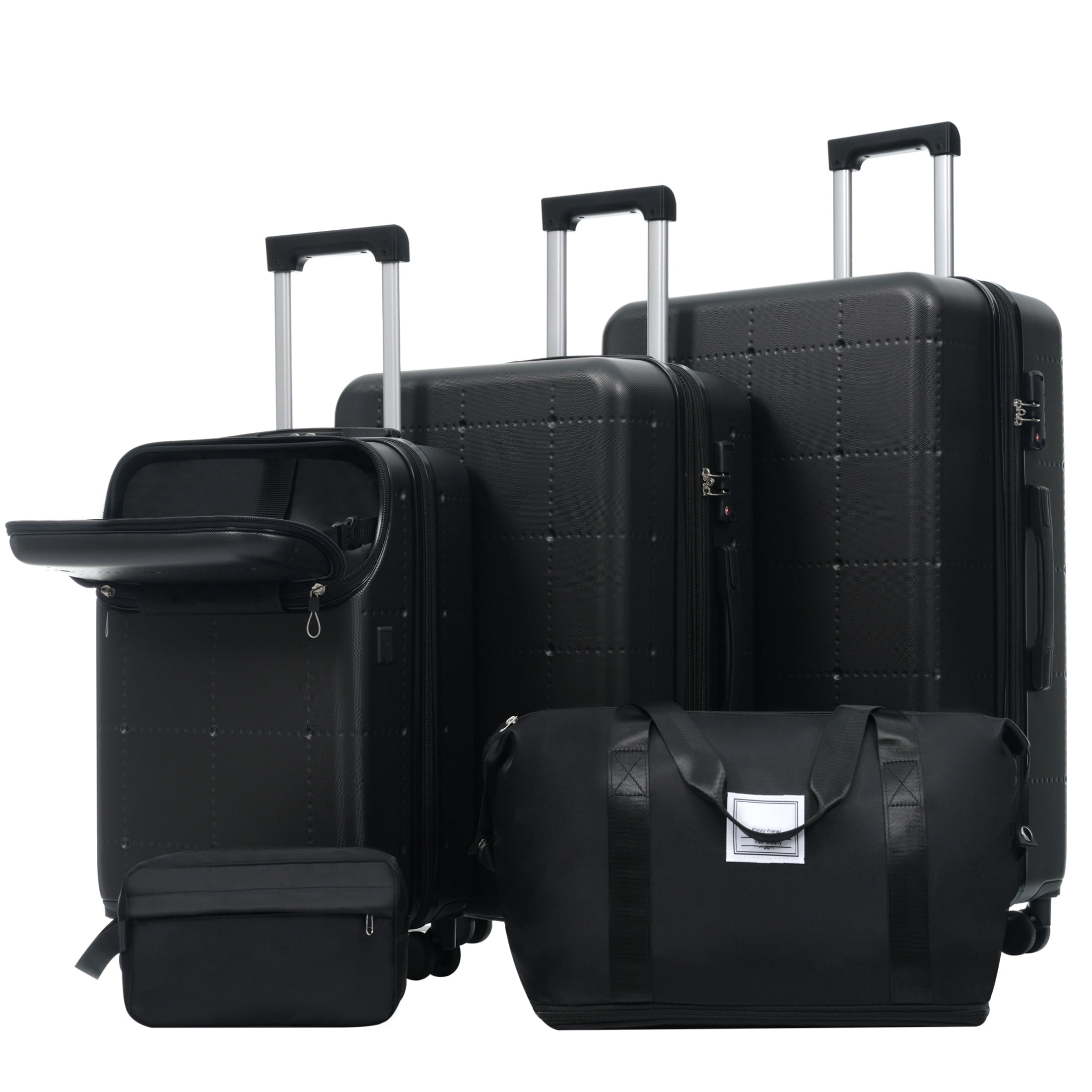 GDF Studio 5-Piece Hardside Luggage Set, Carry-On Suitcase with USB Port and Checked Bags, Spinner Wheels, Black