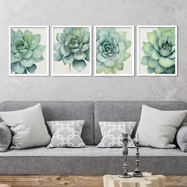 PixonSign Framed Wall Art Pastel Rose Cactus Succulent Adhesive Canvas Poster, Set of 4 Nature Wilderness Wall Decor Prints, Botanical Floral Wall Décor, Modern Artwork for Home - 11"x14" White