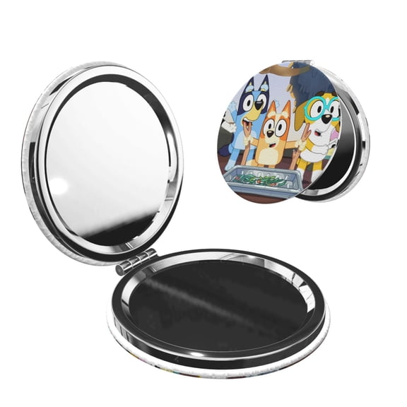 Kowoue Bluey Pattern Pocket Mirror, 1X/2X Magnification Travel Makeup Mirror for Purse, Portable, Folding, Handheld, Small Mirror for Gift-Round Shape