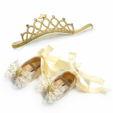 

Carolilly Set Neonata Scarpe Primi Passi Bowknot Fiore Battesimo Infantile Scarpine Neonato Principessa AntiScivolo+Fascia Corona Neonata