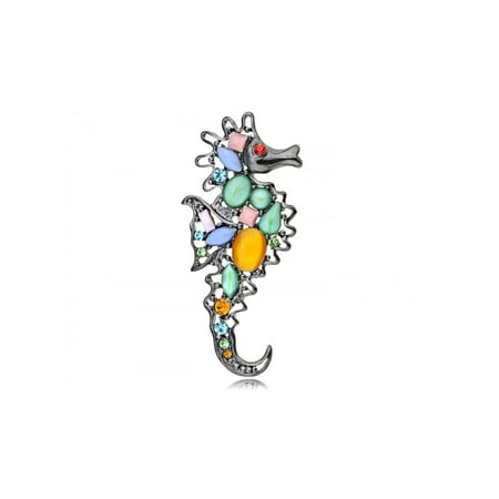 Vintage Inspired Reproduct Cat Eye Stone Crystal Rhinestone Seahorse Pin Brooch