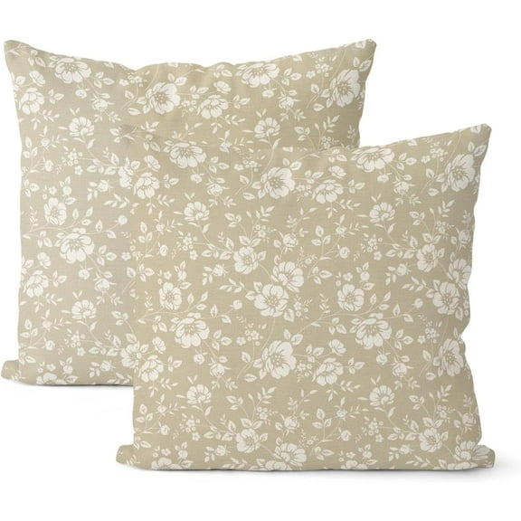 Beige Floral Pillow Covers 18x18 Inch 2 Pcs Khaki Vintage Flower Decor Throw Pillows Boho Seasonal Spring Summer Outdoor Farmhouse Decoration Pillowcase Linen Cushion Cover for Couch Sofa Bed