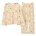 thumbnail image 2 of FUNDUFI Women Pajama Outfits Cute Sweet Peach Printed Long Sleeve Thickened Flannel Pajamas Shirts Stretchy Cozy Sleepwear Pants Warm Loose Fit 2Pcs Homewear Pajama Sets Comfortable Sleep Clothes, 2 of 8