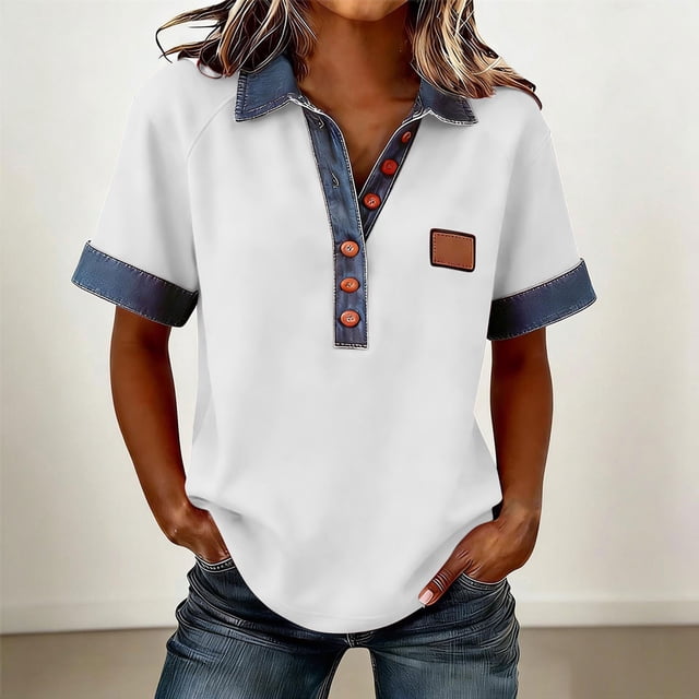 TaTaai 2026 Spring Women’s Denim Stitch Sweatshirt Lapel Collar Short Sleeve Loose Blouse Casual Solid Color Fashion Button Pullover Polyester Top Gift