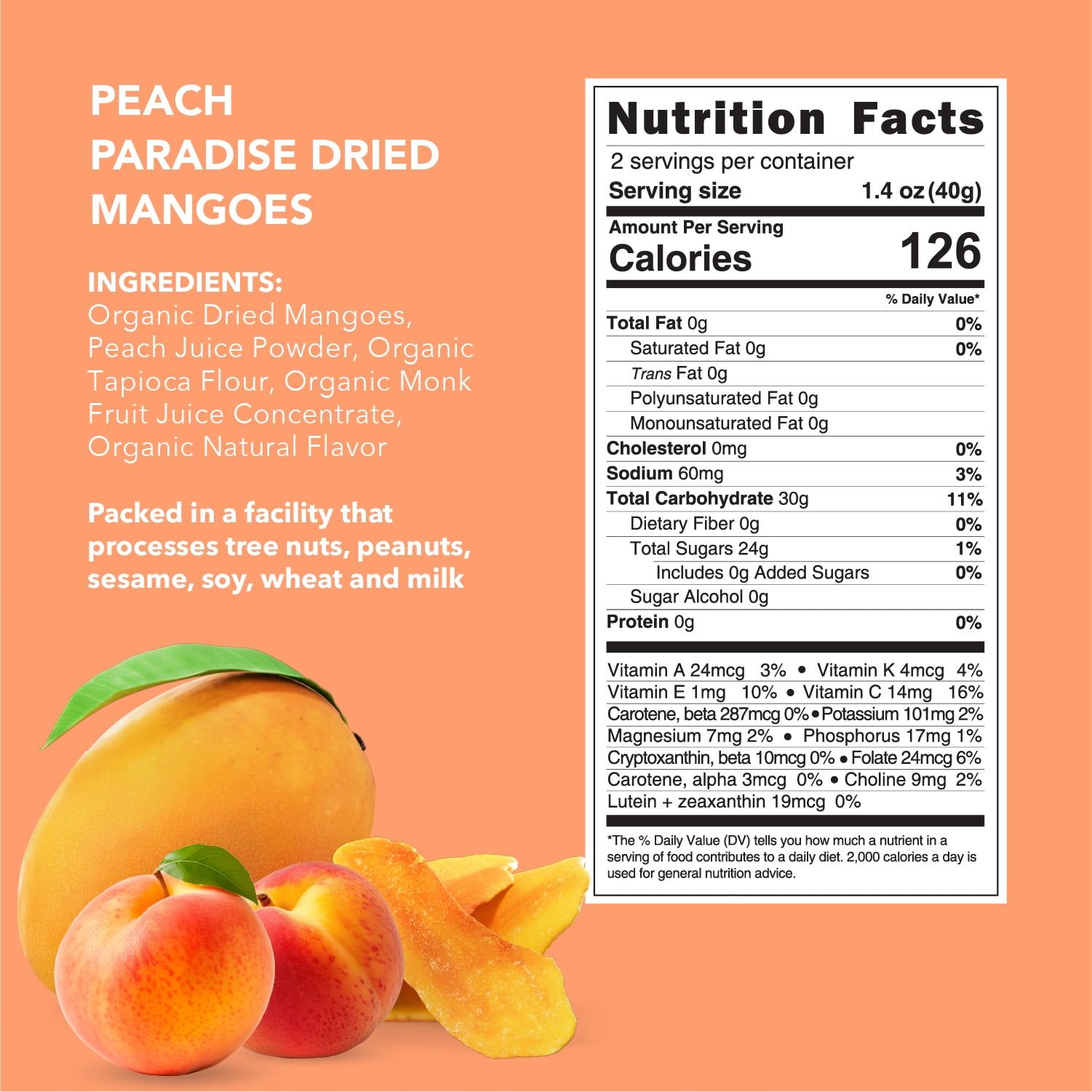 Earthside Farms Peach Paradise Dried Organic Mangoes, Dried Fruit 2.8 oz, 6 Pack
