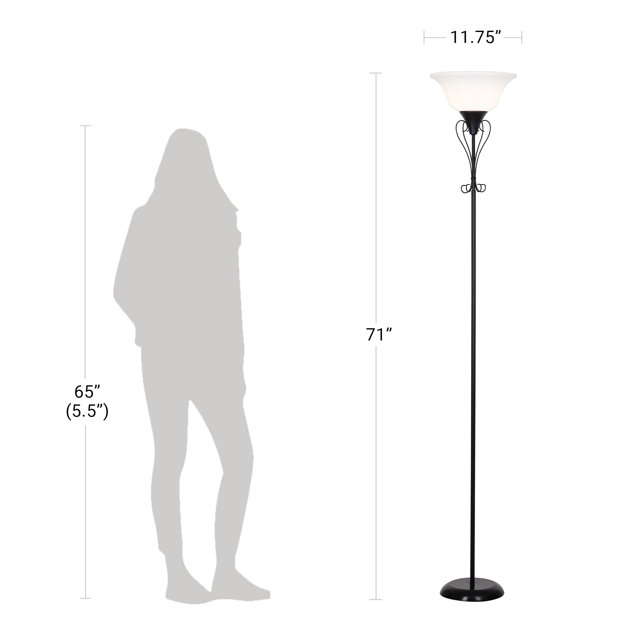 Mainstays Black Iron Scroll Traditional Torchiere Floor Lamp 71"H, LED Bulb Included