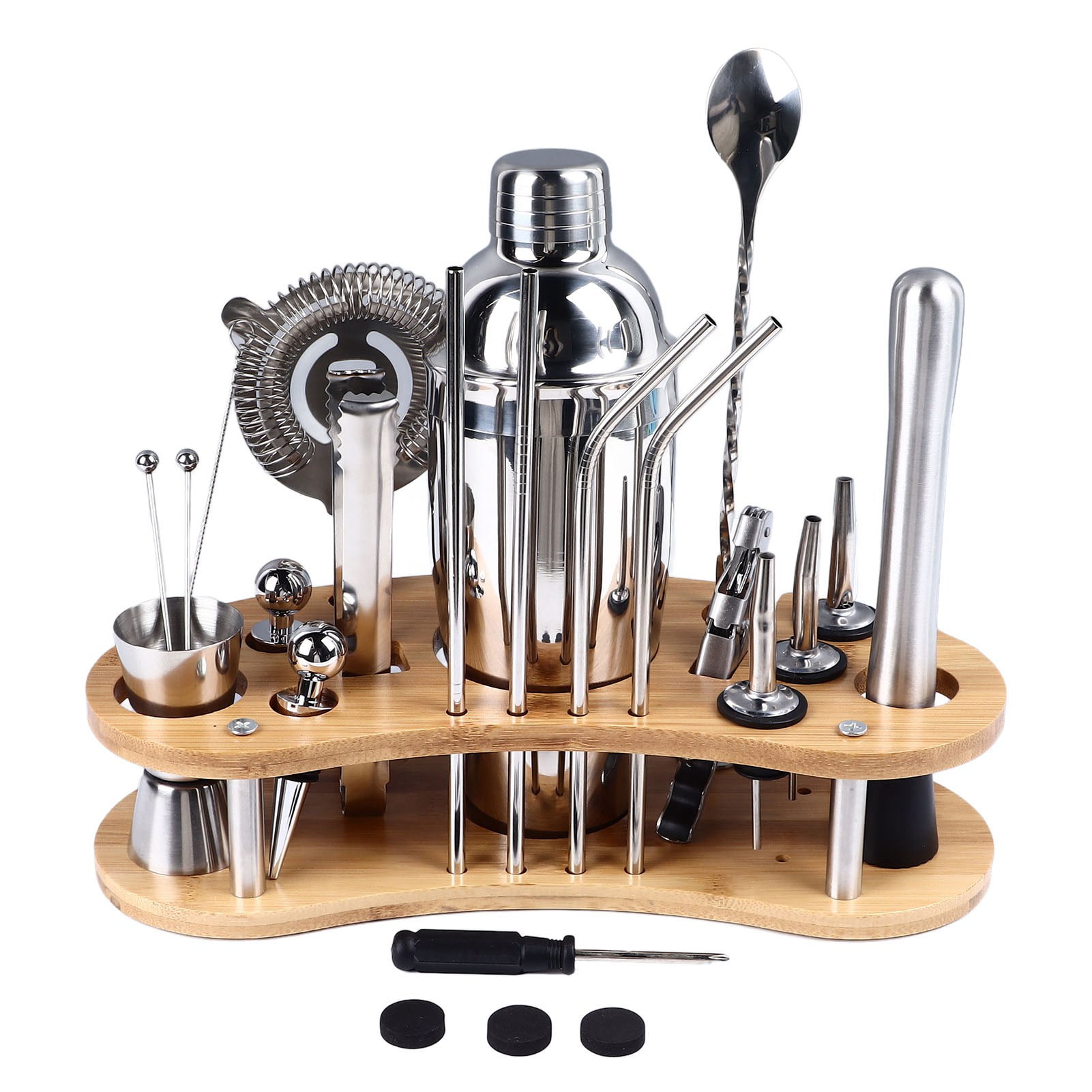 Houdini 5-Piece Bar Set in Stainless Steel with Wood and Glass
