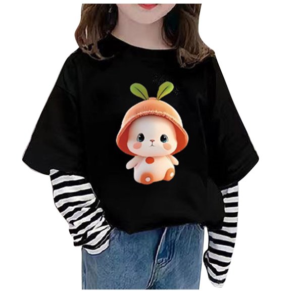 Odeerbi Kids Girls Long Sleeve Cotton Patchwork Shirt Fall Winter Base Layer Striped Undershirt New Bottoming Shirt Children's Base Shirt Fake Two Piece Top Black
