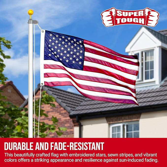 Super Tough 4Ft x 6Ft American Flag - Heavy Duty Polyester USA Flag with Embroidered Stars and Sewn Stripes Suitable for All Weather - Red/White/Blue