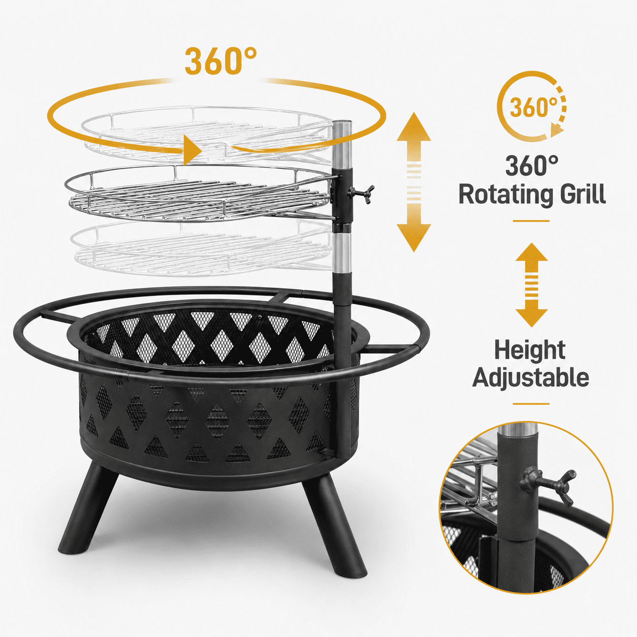Seizeen Fire Pit with Grill, Metal Fire Pit for Outside Hollow-out Design, Wood Burning Outdoor Fireplace with Poker for Backyard Patio Garden, 30"
