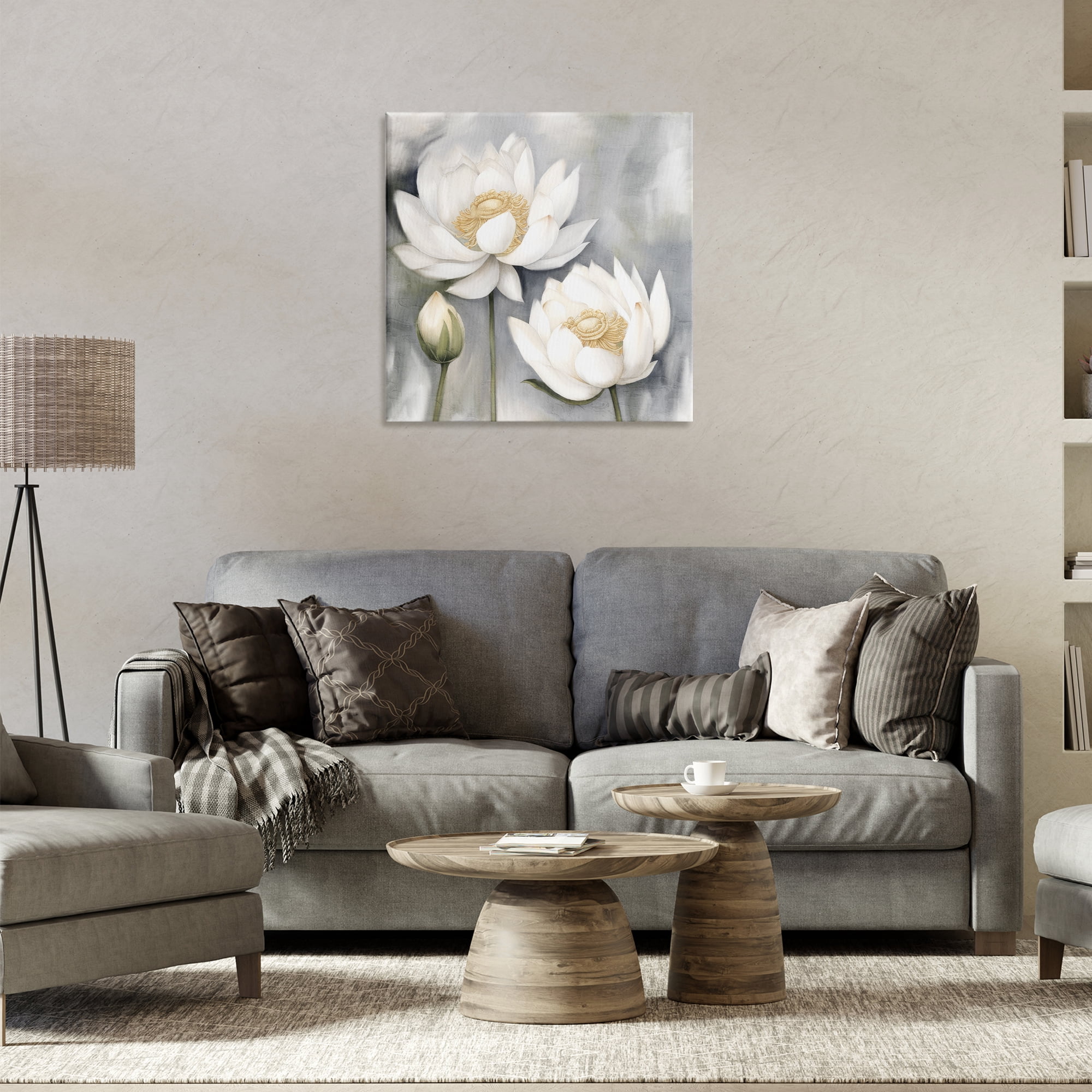 Stupell Industries White Lotuses on Grey Plants & Flowers Painting Wrapped Canvas Art Print Wall Art, 24 x 24