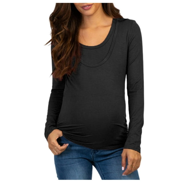 Blouse de Maternité à Col Rond, Unie, à Manches Longues, pour Allaitement, Femme Enceinte