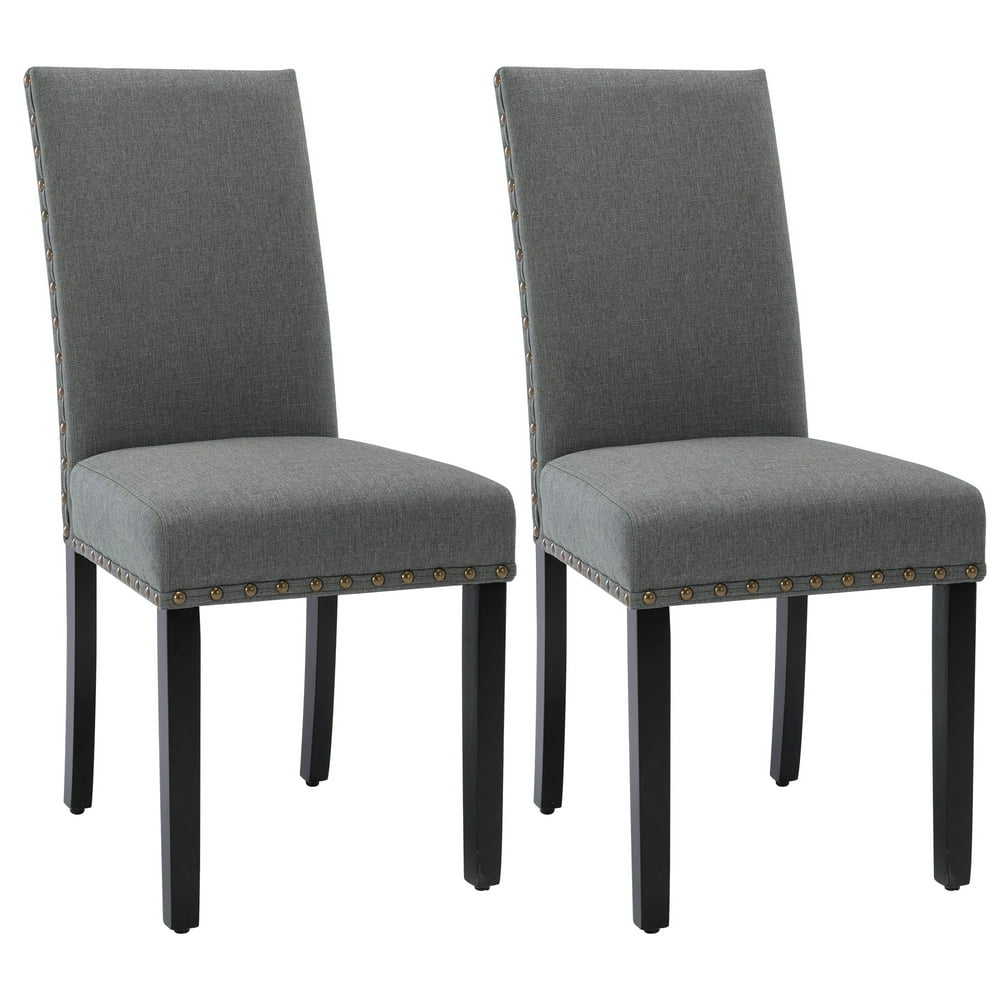 High Back Fabric Upholstered Dining Chairs with Nailhead Trim in Gray, Set of 2