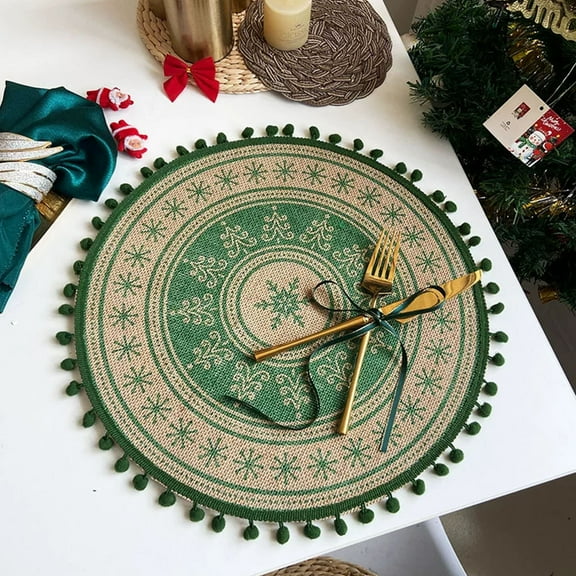 BAOPAI 14.9inch Green Placemats Round Nylon Woven with Pompom Heat Insulation Festive Decoration For Holiday Kitchen Table Family Dining