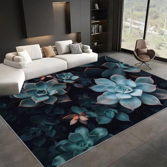 Blue Succulents Botanical Area Rugs, Soft Low Pile Carpet, Washable Non Slip Rug for Living Room Bedroom Dining Room Home Decor Mat 2x3ft