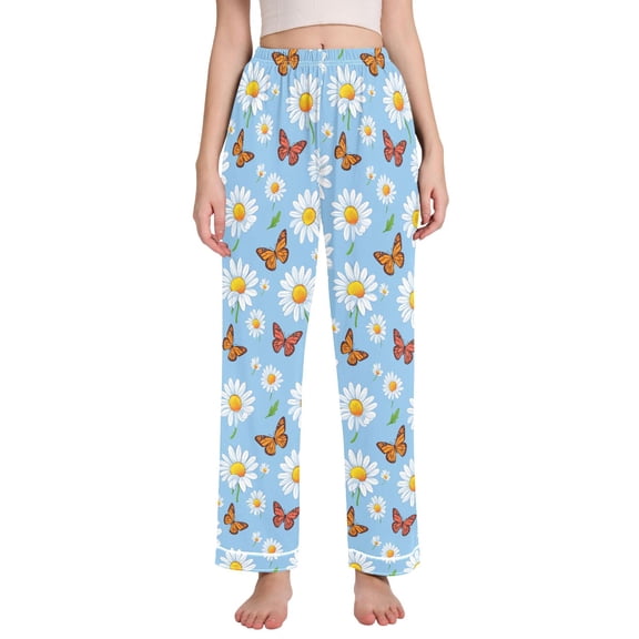 Dailycode Women's Pajama Pants Wide Leg Lounge Pj Bottoms With Pockets Butterfly Flying in Daisy Sea
