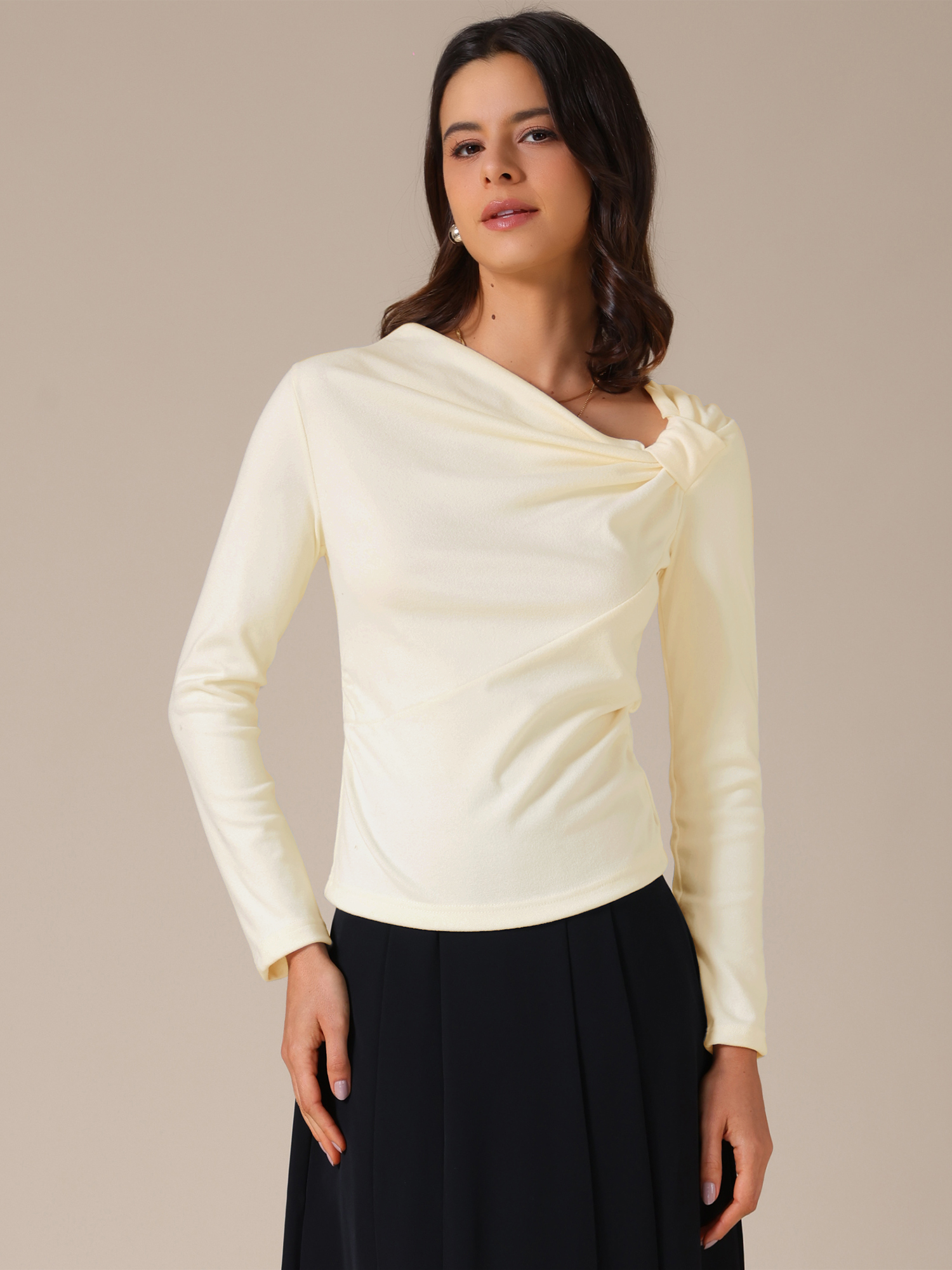 DARING DIVA Women's Asymmetrical Neck Twist Knot Ruched Long Sleeve Top M Beige