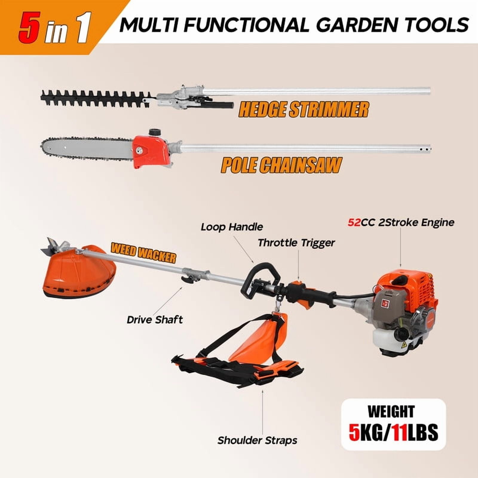 2-Stroke Weed Eater, 52cc Gas Weed Wacker 5 in 1 Gas String Trimmer Multi Functional Garden Trimming Tools with Rubber Handle & Shoulder Strap Brush Cutter for Lawn, Garden and Yard