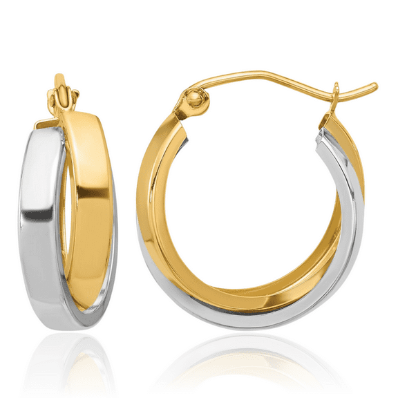 10K Solid Two Tone Gold Double Medium Hoop Earrings
