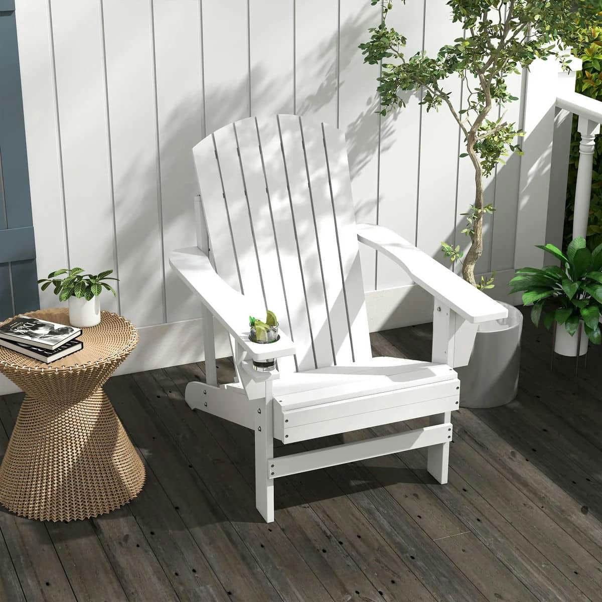 Spaco Oversized Adirondack Chair, Outdoor Porch Seating, Classic Log Lounge with Built-in Cupholder for Outdoor as Backyard, Lawn, Garden, White