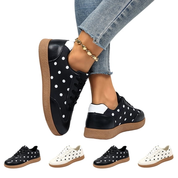 IEMIEMIEM Women's Sneakers Polka Dot Retro Low Top Lace Up Faux Leather Casual Comfort Walking Shoes Fashion Flat Sneakers Black 7.5 Wide