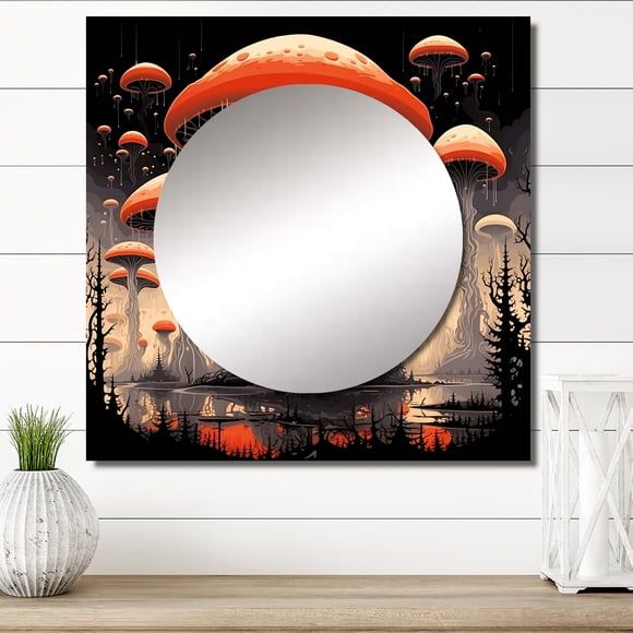 Designart "Amarita Magical Mushroom Retro Illustrated Fantasy I" Abstract Landscape Square Mirror For Wall Decor - Large Red Square Printed Wall Mirror Art - Wall Mounted Square Mirror