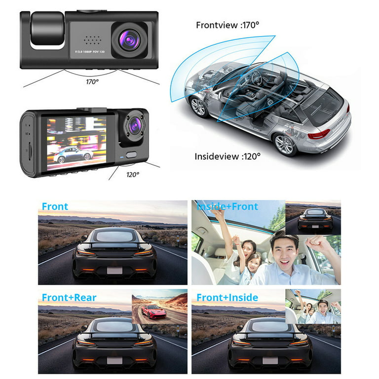 HI.FANCY ABS Auto 3 Lenses Dash Cam 2-inch Screen Movement Detection Memory  Card Battery Powered Rechargeable Wide Angle Camera Recorder 