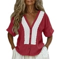 thumbnail image 2 of Uootdi Ladies Casual Shirts Plain Hollow Out Placket V Neck Short Sleeve Linen Shirt Soft Breathable Daily Wear Blouses Gift, 2 of 9