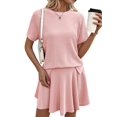 thumbnail image 3 of Women's Short Sleeve Set Cruise Ribbed Loose Matching Lounge Sets 2 Piece Skirt Outfit for Summer Pink XL, 3 of 8
