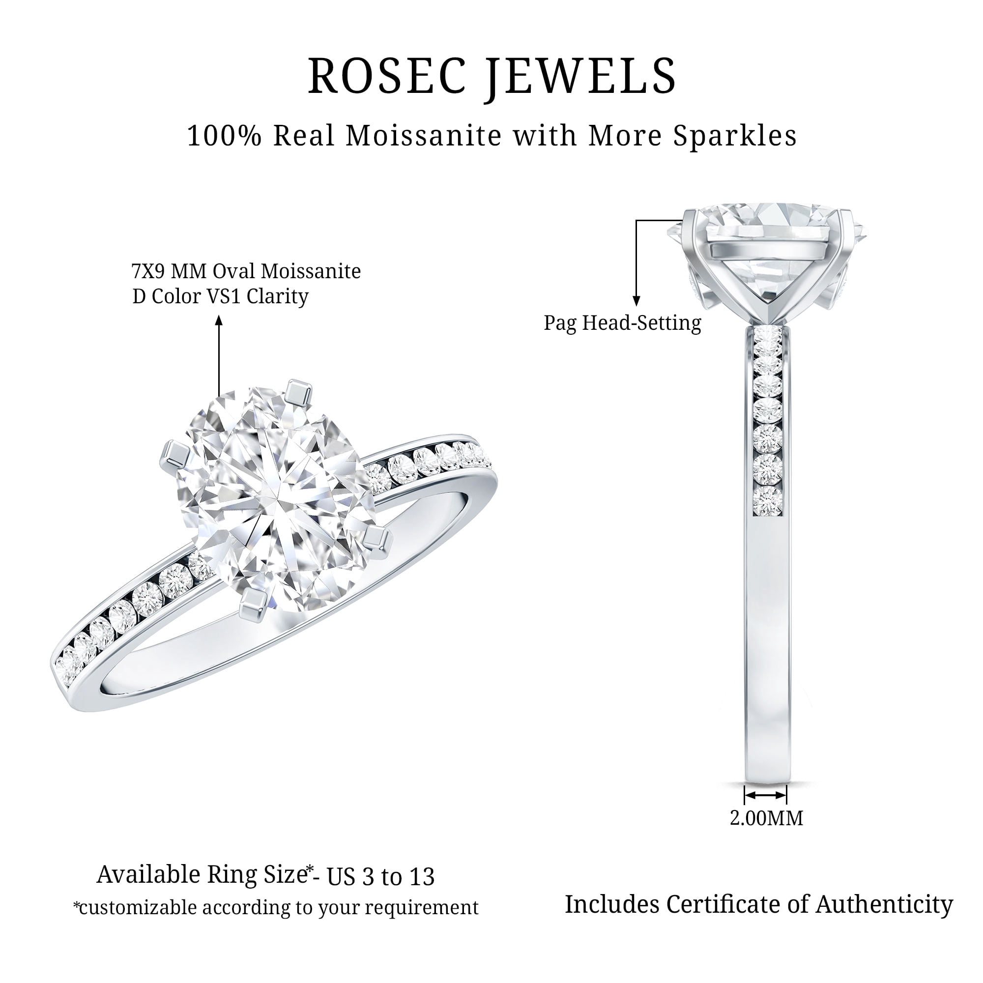 Rosec Jewels 2 Carat Oval Shape Moissanite Engagement Ring with Side Stones for Women (D-VS1 Quality) - with Jewelry Box, 10K White Gold, US 3.00
