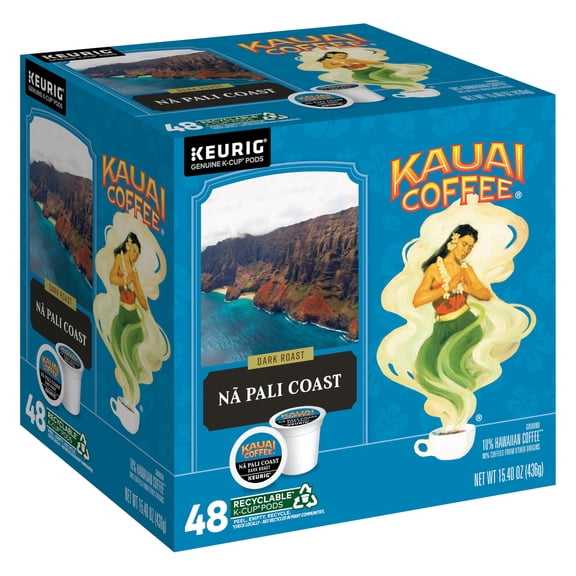 Kauai Coffee K-Cup Pods for Keurig Brewers Arabica Coffee, 10% Hawaiian Dark Roast, Nutty with Sweet Chocolate Overtones Na Pali Coast, 1 Pack of 48 Single Serve K-Cups