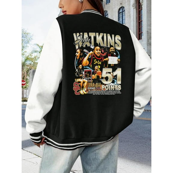 Women's Oversize Baseball Jacket Hoodie Featuring Juju Watkins Fight On Artwork Basketball Design