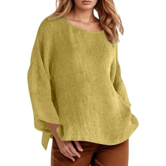 Camiseta de manga larga y cuello redondo de color liso para mujer: estilo informal y holgado, tejido de poliéster para los días más frescos.