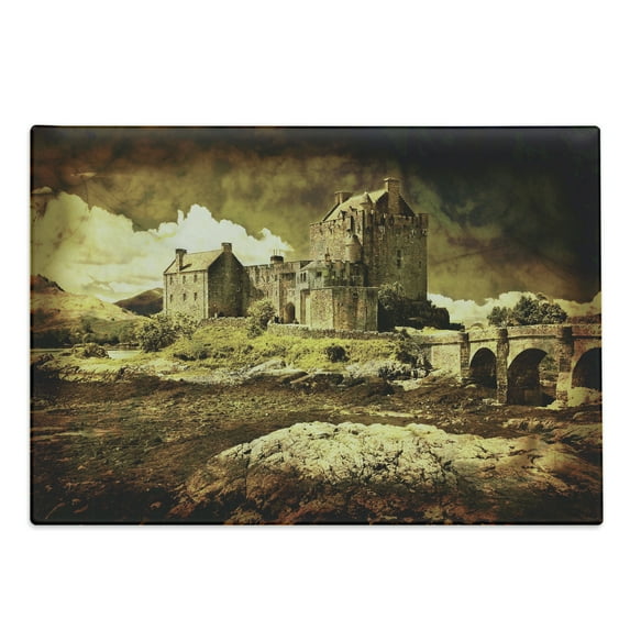 Medieval Cutting Board, Old Scottish Castle Vintage Style European Middle Age Culture Heritage Town Photo, Decorative Tempered Glass Cutting and Serving Board, Large Size, Grey Green, by Ambesonne