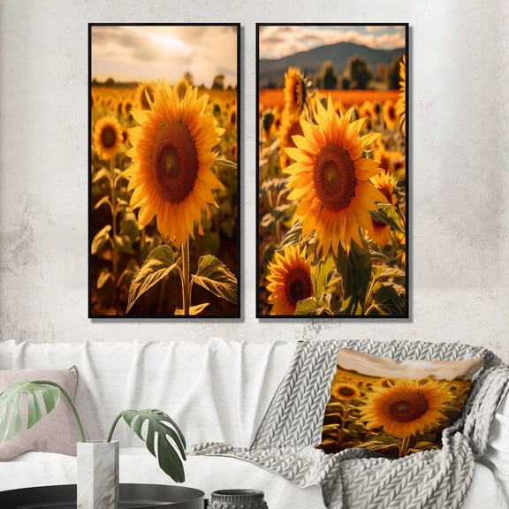 Designart "A Golden Sunflower Set Against the Sunset II" Floral Framed Wall Art Set Of 2 - Yellow Floral Framed Canvas Set For Living Room Decor