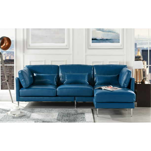 Modern Leather Sectional Sofa L Shape, Navy Blue Leather Sectional Sofa