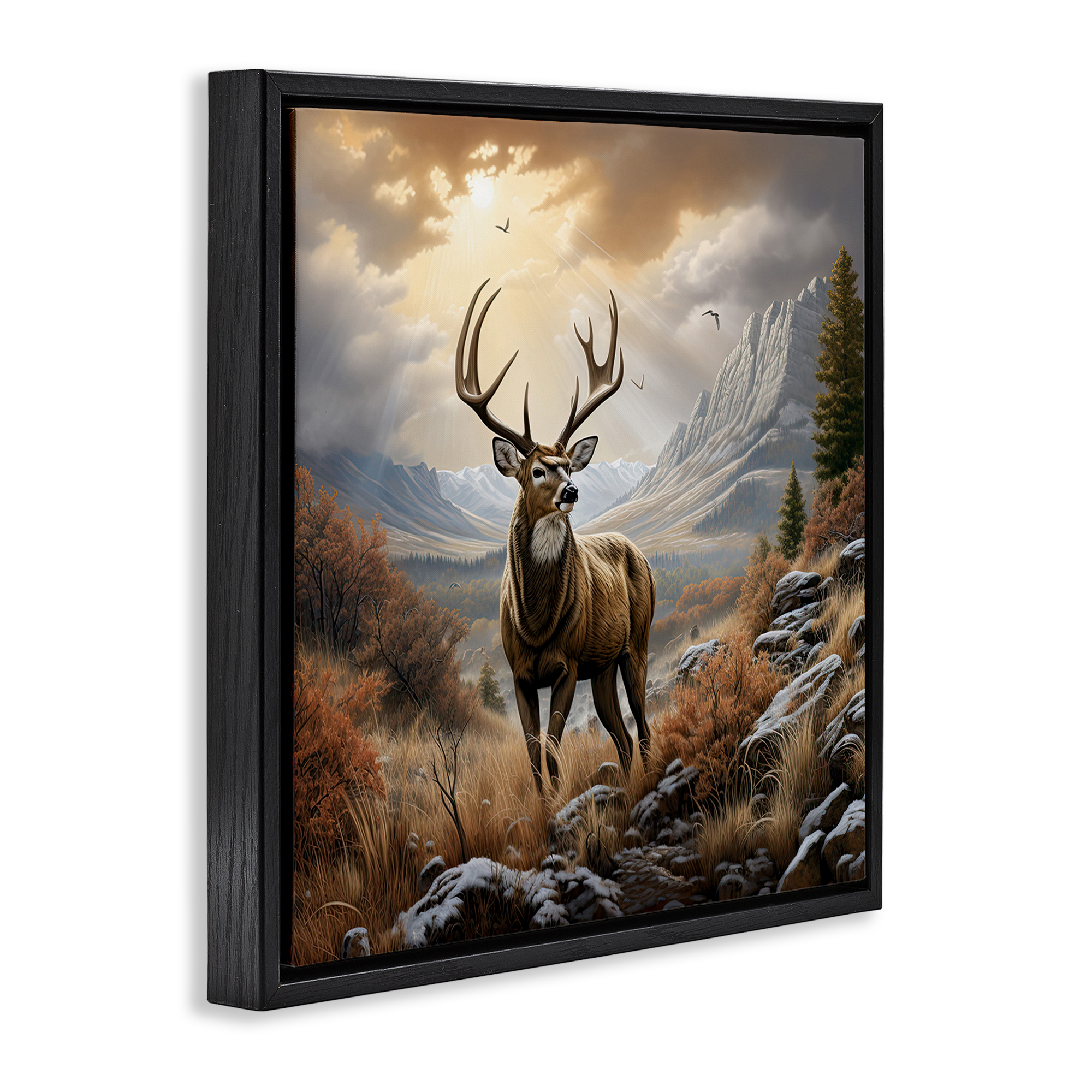 Stupell Industries Majestic Elk Mountain Scenery Landscape Painting Black Floater Framed Canvas Art Print Wall Art, 18 x 18