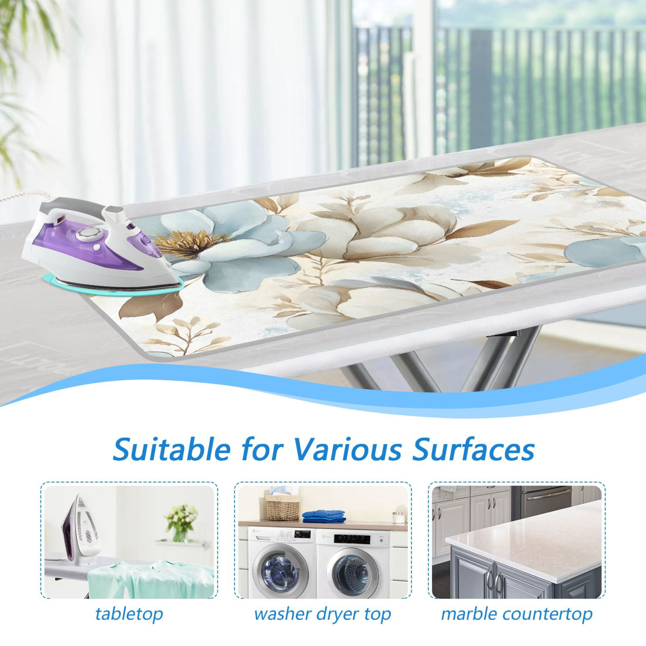 Blue and Beige Magnolias Ironing Mat Blanket for Table Top Travel Portable Ironing Board Pad 47.2x27.6 Inch
