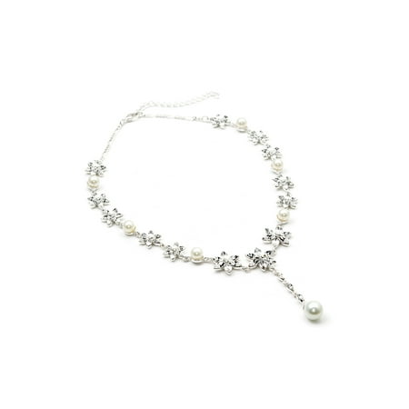 - Silver Crystal Rhinestone 6 Leaf Flower and White Pearl Dangle Strands Necklace